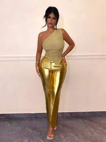SHEIN SXY Metallic Pu Leather Party Women's Pants - Gold - View 1
