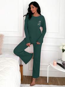 SHEIN Cottnline Women's Letter Print Ribbed Top And Pants Loungewear Set - Green - View 3