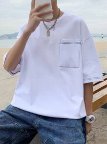 Plus Size Men's Loose Fit Drop Shoulder Contrast Stitching Chest Pocket T-Shirt - White - View 7