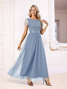 Navy Sequined Beaded Gown - Dusty Blue - View 7