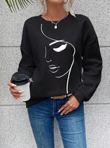 角色印花下垂肩毛衣 - 黑色 - 查看 1