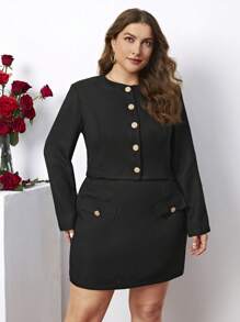 SHEIN Clasi Women's Plus Size Plain Button Up Shirt And Skirt Set - Black - View 5