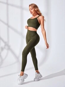 女士條紋彈性健身運動服裝 - 軍綠色 - 查看 4