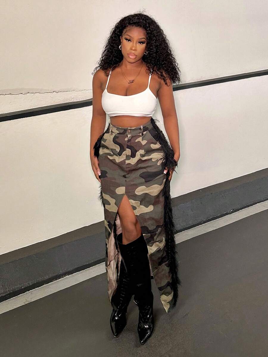 Slaydiva 迷彩印花开衩大腿毛边半身裙 - 彩色 - 查看 1