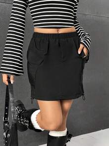 SHEIN EZwear 黑色編織束腰細節裙子 - 黑色 - 查看 4