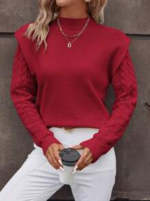 SHEIN Clasi 小高領麻花編織套頭毛衣 - 紅色 - 查看 1