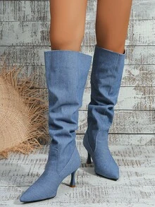 美式荒地風格女士牛仔布靴,復古牛仔靴,細高跟,尖頭,荷葉邊,寬筒/長筒靴 - 霧霾藍 - 查看 3