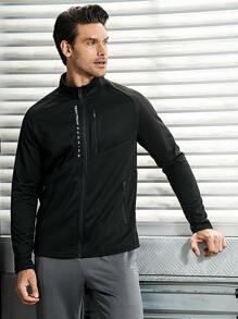 Manfinity Sport Corelite Boyfriend Style Men's Letter Print Zip-Front Raglan Sleeve Sports Jacket With Front Pockets Workout Tops