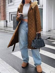 Flirla 加大码连帽冬季羽绒服 带毛领和腰带 - 咖啡棕 - 查看 6