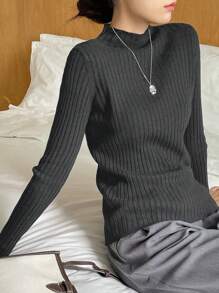 DAZY Mock Neck Ribbed Knit Sweater - Grey - View 5