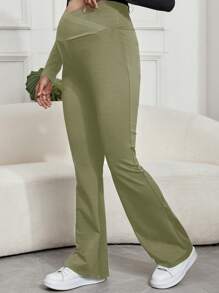 SHEIN Maternity Adjustable Waist Wide Leg Pants, Long - Green - View 3