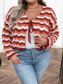 SHEIN CURVE+ Plus Chevron Pattern Drop Shoulder Cardigan - Orange - View 3