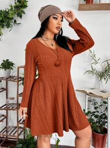 PUNK 大尺碼純色v領a字裙 - 橘色 - 查看 3