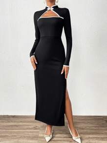 SHEIN Privé Figurbetontes Kleid mit Kontrastsaum, Ausschnitt vorne, - Schwarz und Weiss - Übersicht 3