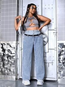 SHEIN ICON Plus Size Dual Waistband Design Denim Jeans - Blue - View 5