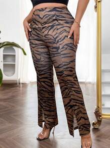 Allurite Plus Size Women's Zebra Print Flared Pants - Multicolor - View 5
