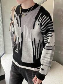 Manfinity Hypemode Nam Họa tiết Hình học Vòng cổ Áo len - Nhiều màu - Xem 3