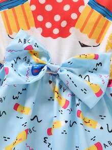 SHEIN 年轻女孩休闲宽松圆领长袖盖袖蝴蝶结卡通图案印花连衣裙，春秋 - 黃色 - 查看 3