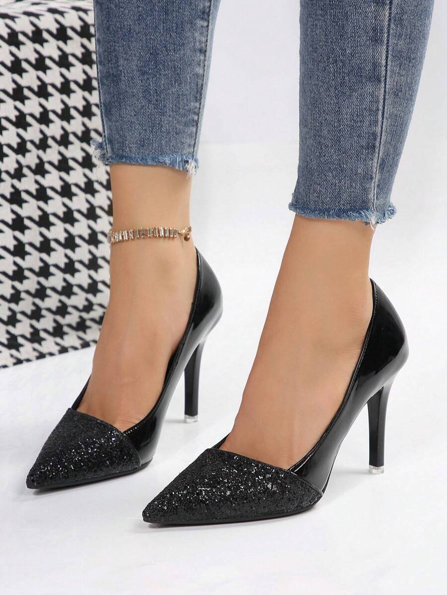 法式高跟鞋黑色金屬亮絲鞋適合女士,秋天新品上架尖頭,性感