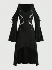 ROMWE Goth 圖案印花繫帶鐘形袖洋裝 - 黑色 - 查看 1