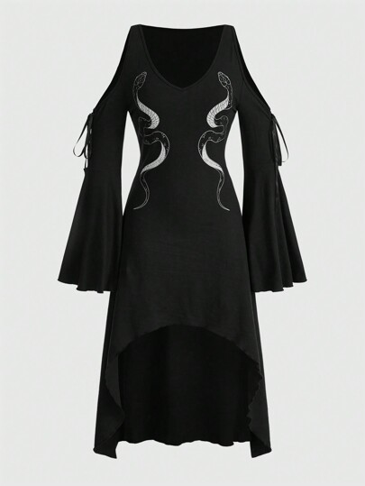 Goth Vestido con estampado de dibujo con cordón de manga campana