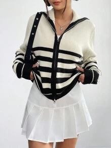 SHEIN Unity Mẫu sọc Dây kéo Áo len Mở - Màu be - Xem 3