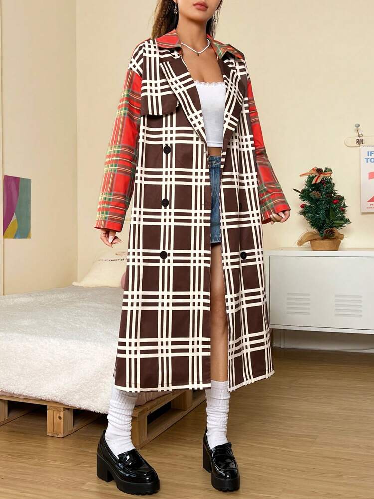 Women'S Plaid Turn-Down Collar Double Breasted Belted Trench Coat