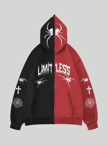 ROMWE MEN Goth Men Letter & Spider Printed Zip Up Hoodie, Halloween - Multicolor - View 2