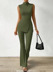 Chiquease Chic Không tay Áo Với giá đỡ Vòng cổ Và Cái nĩa cao Và Thon gọn Quần Hai chiếc Bộ - xanh quân đội - Xem 1