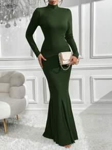 SHEIN Privé 高領緊身荷葉邊魚尾裙,優雅風格 - 軍綠色 - 查看 3