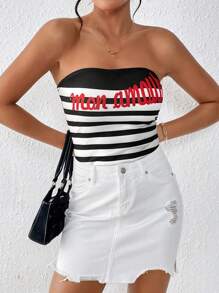 SHEIN Essnce 字母條紋圖案抹胸 - 黑與白 - 查看 1