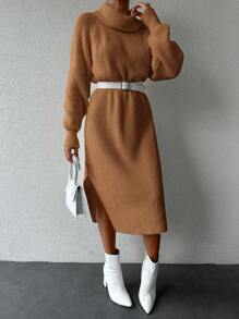 EURMUSE Women'S Solid Color Draped Collar Raglan Sleeve Sweater Dress (Belt Not Included) - Camel - View 4