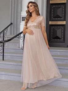 Joyfunear Maternity Sequin Contrast Mesh Elegant Dress, For Party - Gold - View 4