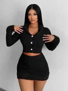 VaVaBold 聖誕節條紋絨毛裙 - 黑色 - 查看 5