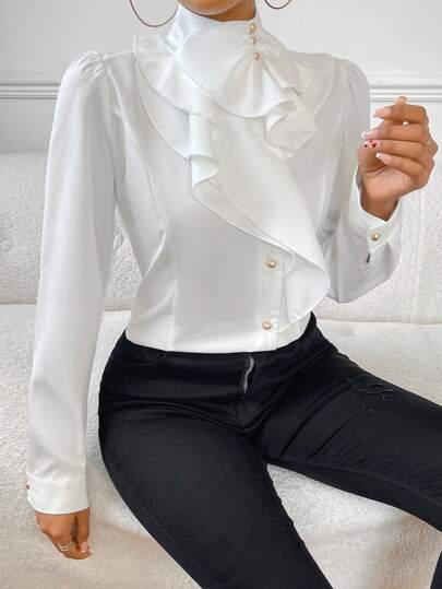 Firerie Women's Ruffle Peplum Hem Puff Sleeve Work Women Blouse,Long Sleeve Tops