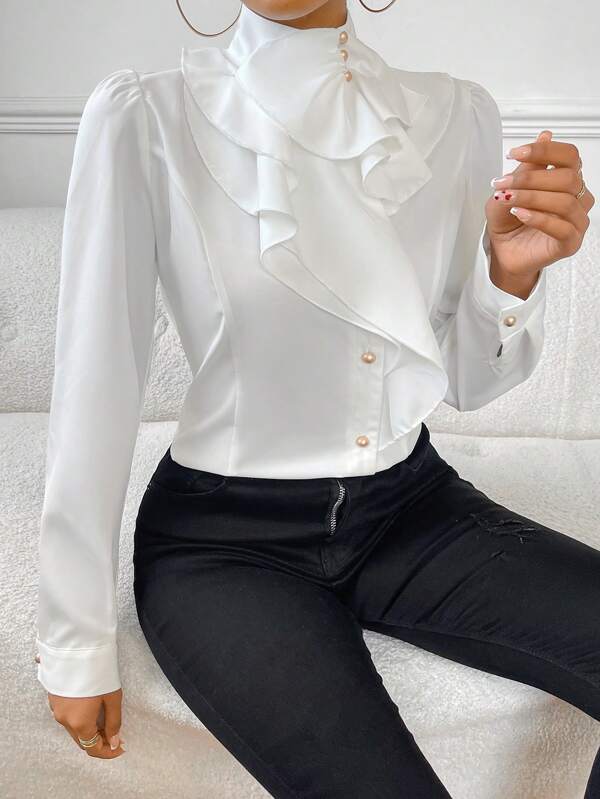 Firerie Women's Ruffle Peplum Hem Puff Sleeve Work Women Blouse,Long Sleeve Tops