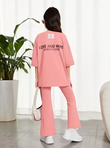 SHEIN Tween Girl Slogan Graphic Drop Shoulder Tee & Flare Leg Pants - Pink - View 1