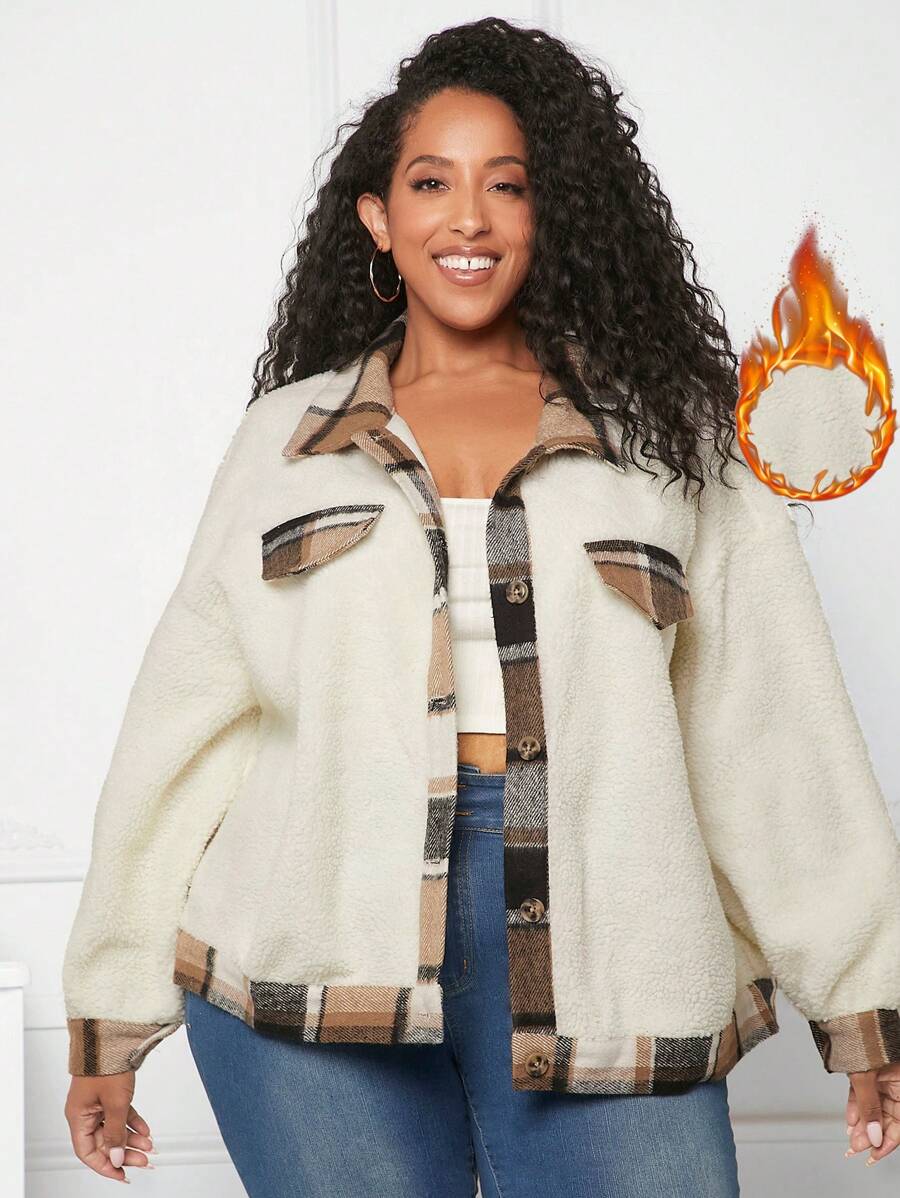 SHEIN CURVE+ Plus Plaid Print Drop Shoulder Teddy Jacket - Apricot - View 1
