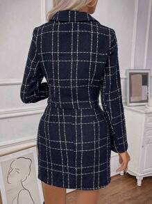 SHEIN Privé 格紋雙排釦短版西裝&開衩短裙 - 寶藍色 - 查看 2