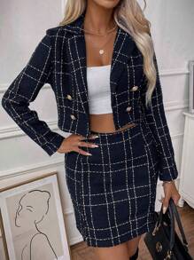 SHEIN Privé 格紋雙排釦短版西裝&開衩短裙 - 寶藍色 - 查看 5