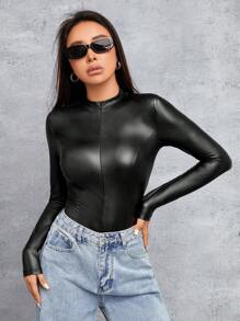 SHEIN PETITE 女士3d Pu皮革長袖連體衣 - 黑色 - 查看 6