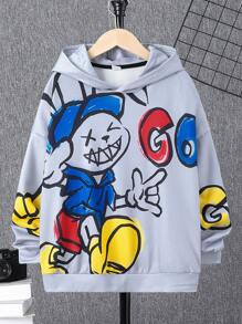 SHEIN 青少年男孩可爱卡通图案印花宽松针织套头衫 - 灰色 - 查看 1