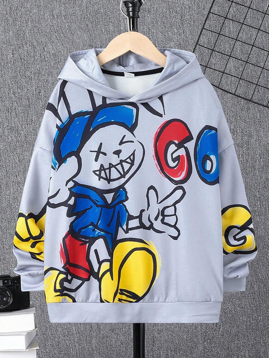 SHEIN 青少年男孩可爱卡通图案印花宽松针织套头衫 - 灰色 - 查看 1