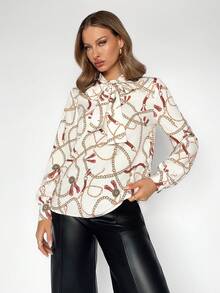 BizChic Camisa Con Estampado De Cadenas Y Lazo En La Parte Delantera Para Mujer - Blanco - Ver 3