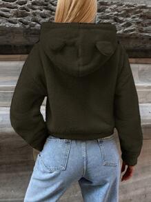 EURMUSE Solid Drop Shoulder Teddy Hoodie - Dark Green - View 2