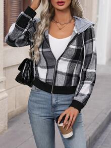 SHEIN LUNE Plaid Hooded Zipper Jacket - Multicolor - View 7