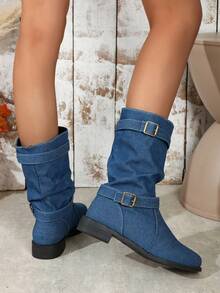 女性優雅&簡約風西方風格靴子,舒服的&時尚女牛仔靴,小腿中部長度 - 藍色 - 查看 4