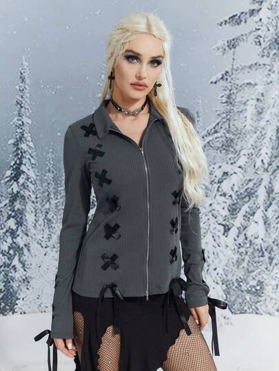 Giubbotto Decorato Con Zip E Croci Lungo La Schiena