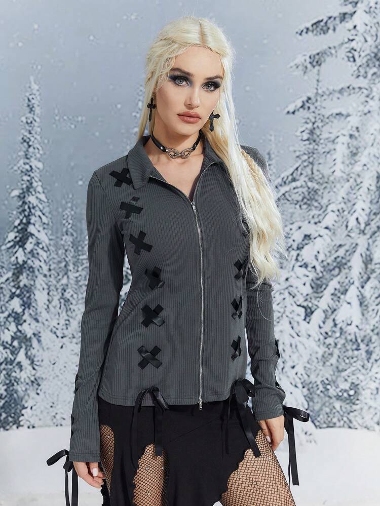 Cross Tied Zipper Decorated Jacket