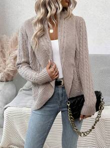 SHEIN LUNE Women'S Casual Cable Knitted Solid Color Front Open Cardigan Sweater - Apricot - View 3